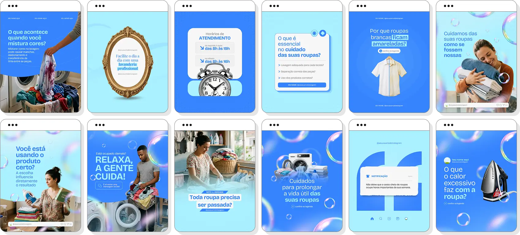 Ideias de post para lavanderia com pack de conteúdo para Instagram de lavagem e conservação de roupas
