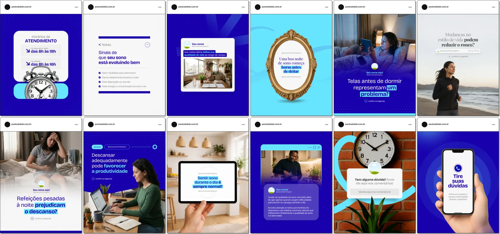 Pack de posts para medicina do sono com templates no Canva para Instagram de sono e qualidade de vida