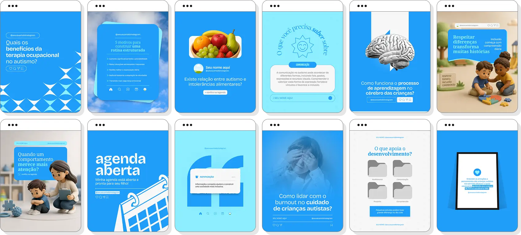 Social media para autismo com pack de posts editáveis no Canva para Instagram profissional