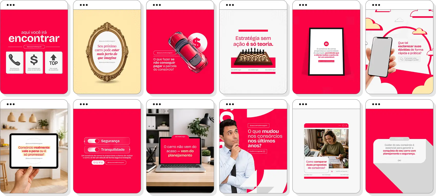 Posts para consórcio de carros com pack de conteúdo editável no Canva para Instagram automotivo