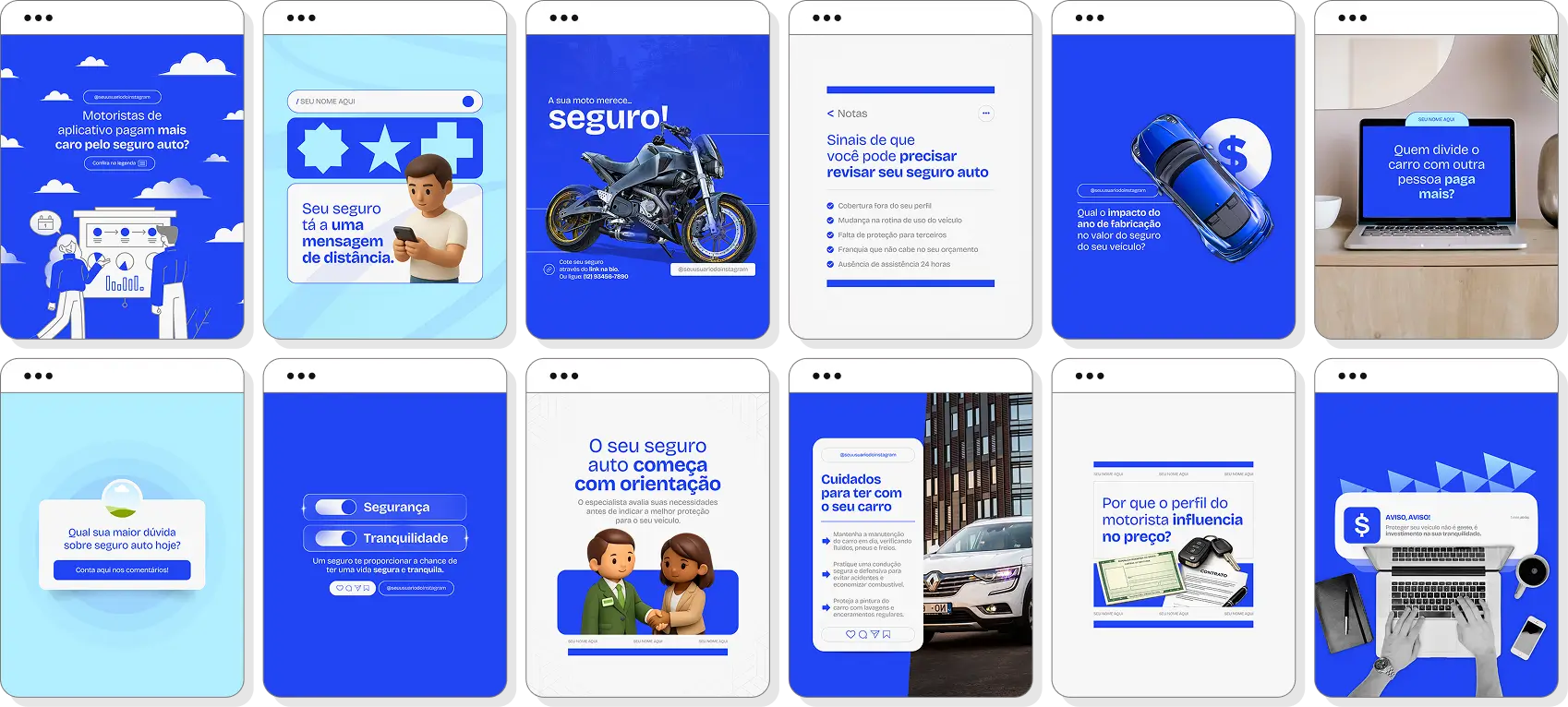Pack Canva corretor de seguro auto com posts para Instagram de cobertura de seguro e proteção de veículos