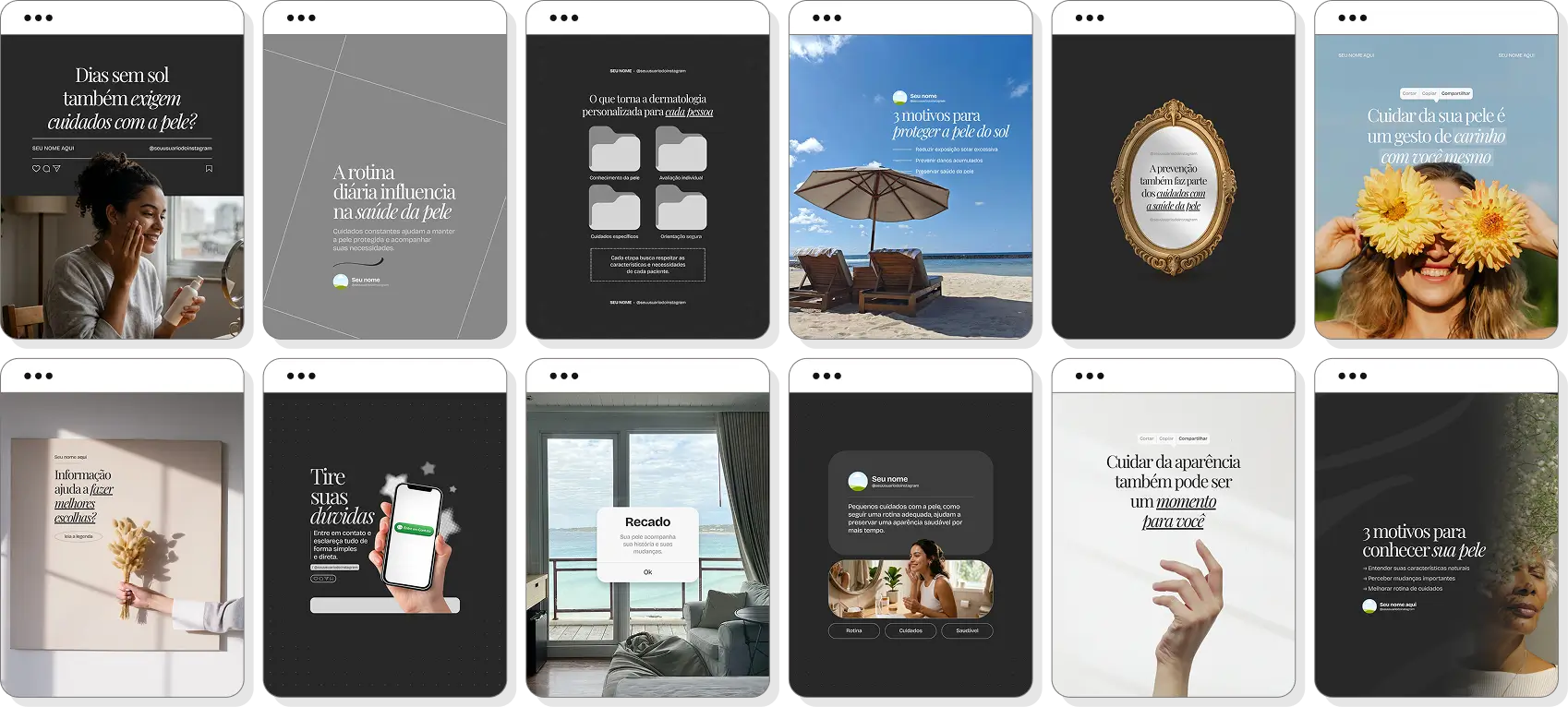 Pack Canva dermatologista com posts editáveis para Instagram de cuidados com a pele e dermatologia