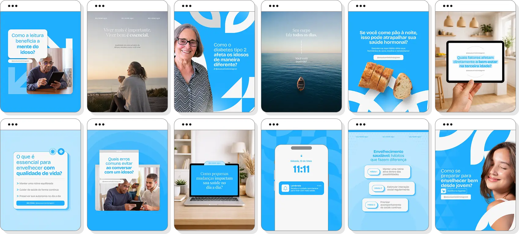 Pack social media geriatria com templates para Instagram de envelhecimento ativo e qualidade de vida