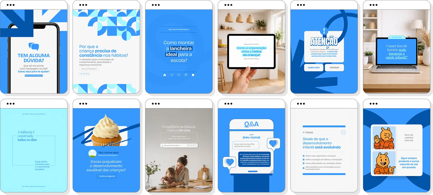 Pack de nutrição infantil com conteúdos editáveis para Instagram de saúde alimentar infantil