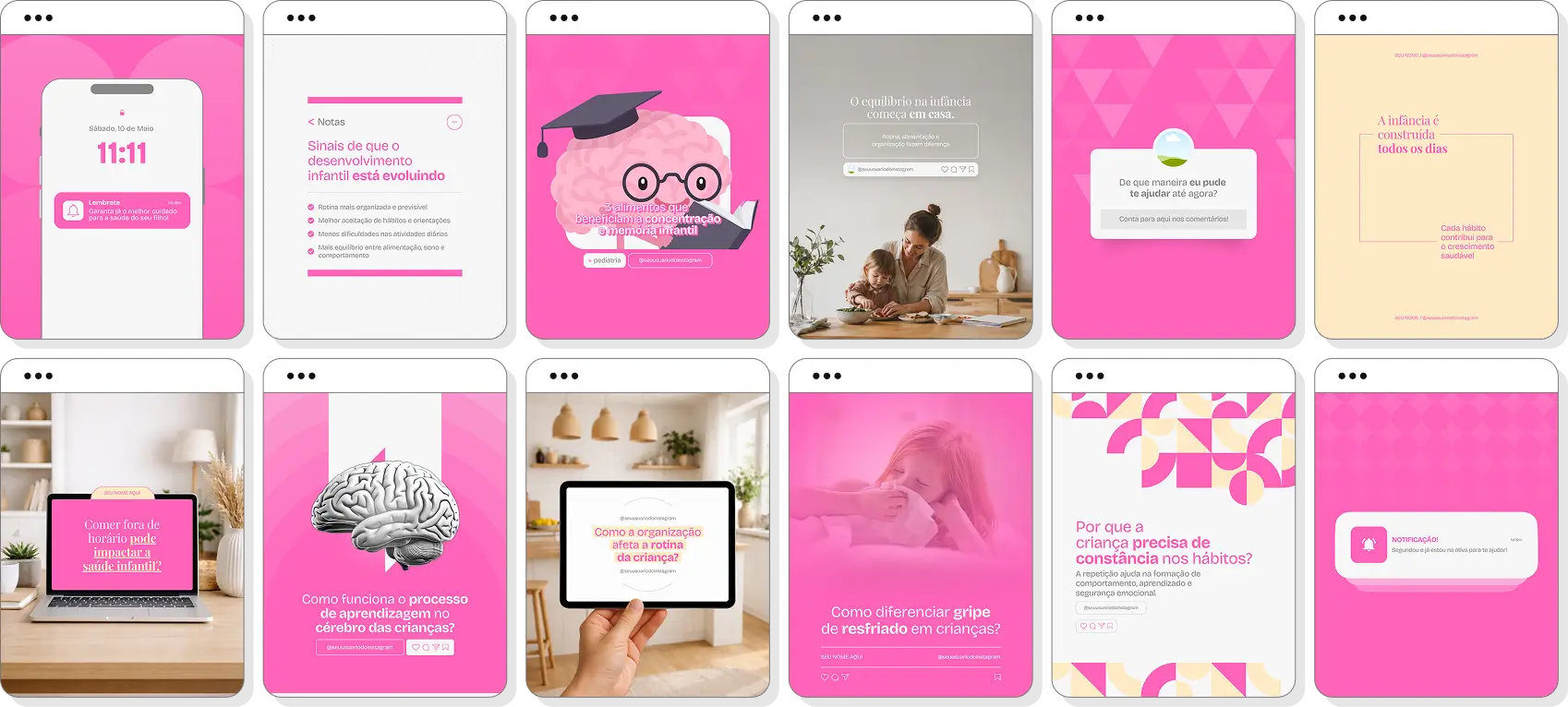 Social media para pediatria com pack de posts editáveis no Canva para Instagram profissional