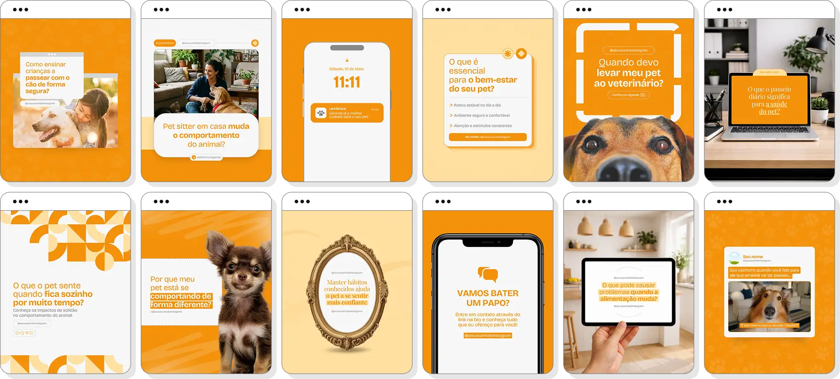 Pack Canva pet sitter com posts para Instagram de cuidados com animais e tranquilidade dos tutores