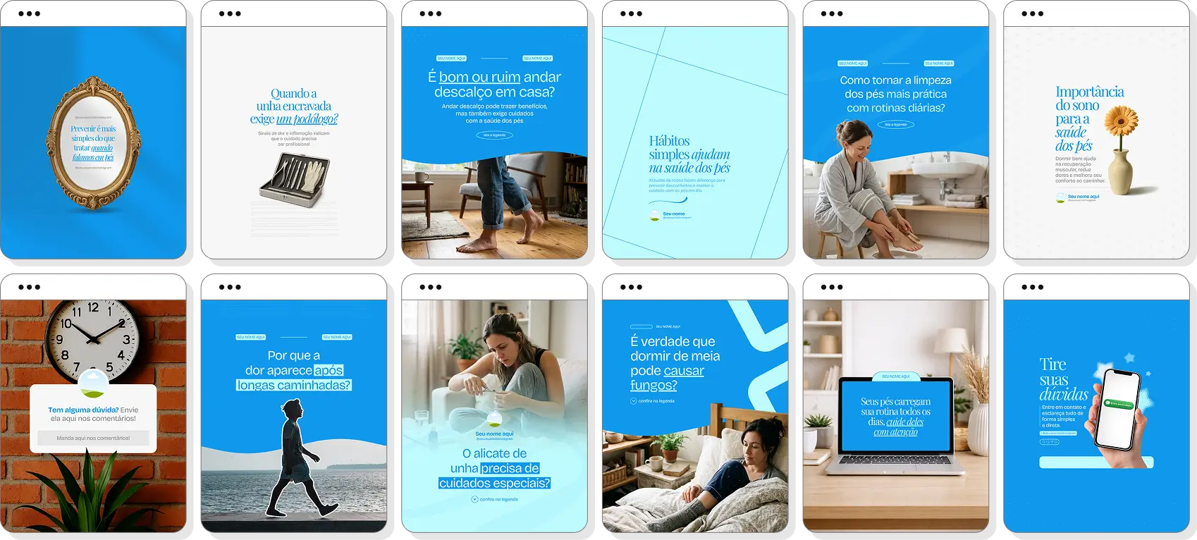 Pack Canva podologia com posts editáveis para Instagram de cuidados com os pés e tratamentos podológicos