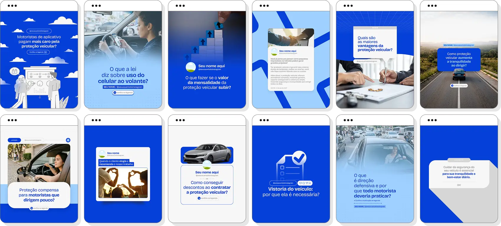 Pack Canva proteção veicular com posts para Instagram de assistência veicular e tranquilidade no trânsito
