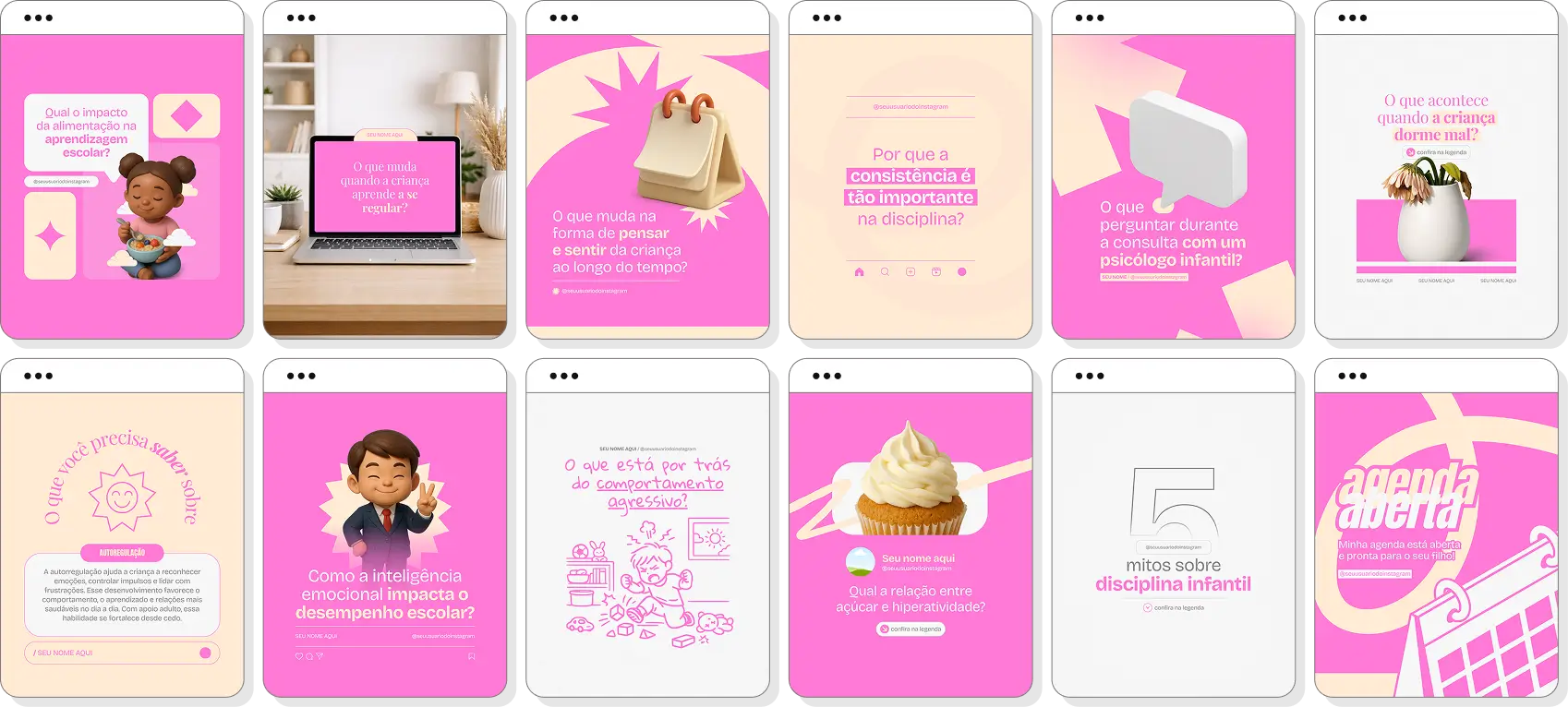 Pack Canva psicologia infantil com posts para Instagram de desenvolvimento emocional e infância