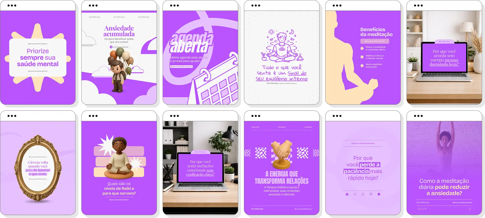 Pack de terapia holística com conteúdos editáveis para Instagram de harmonia e equilíbrio emocional