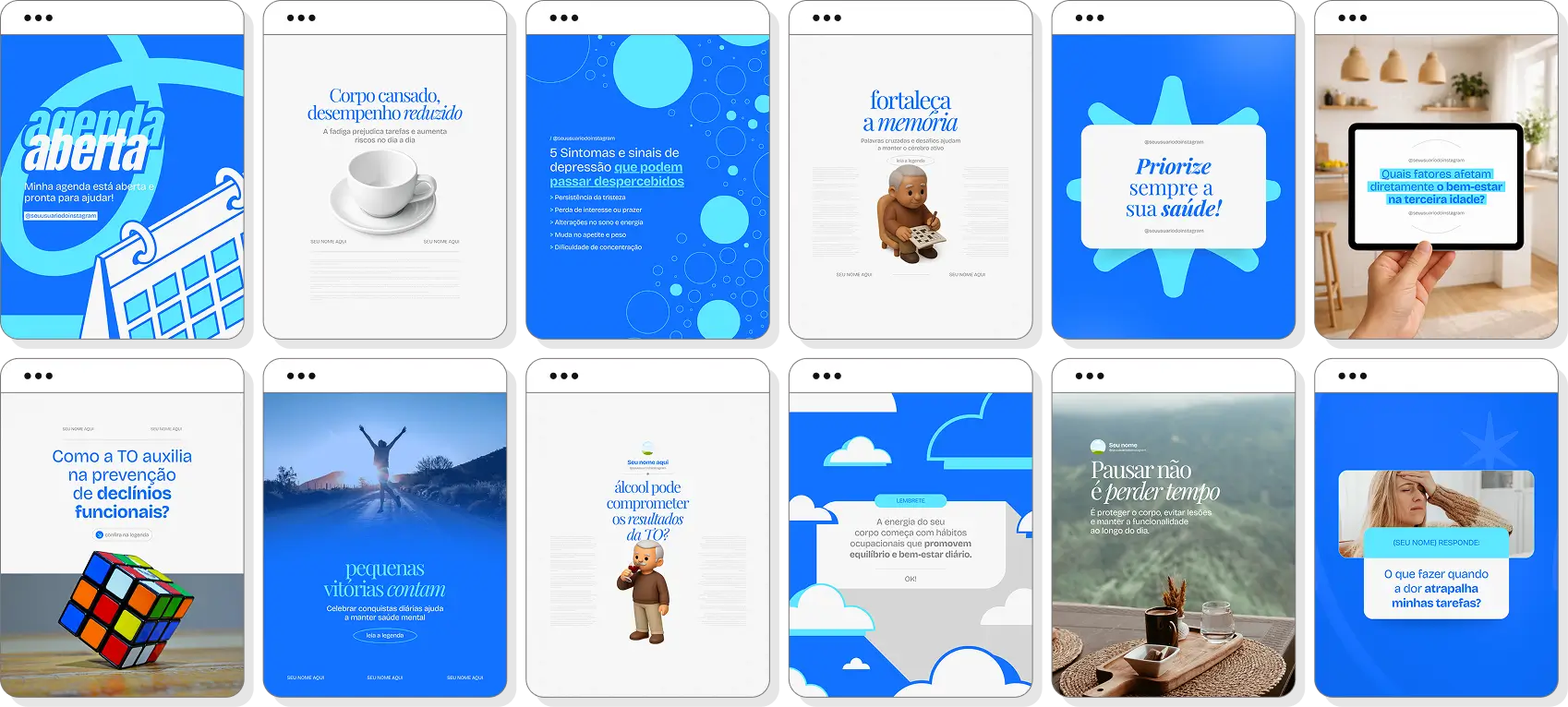 Social media para terapia ocupacional com pack de posts editáveis no Canva para Instagram profissional