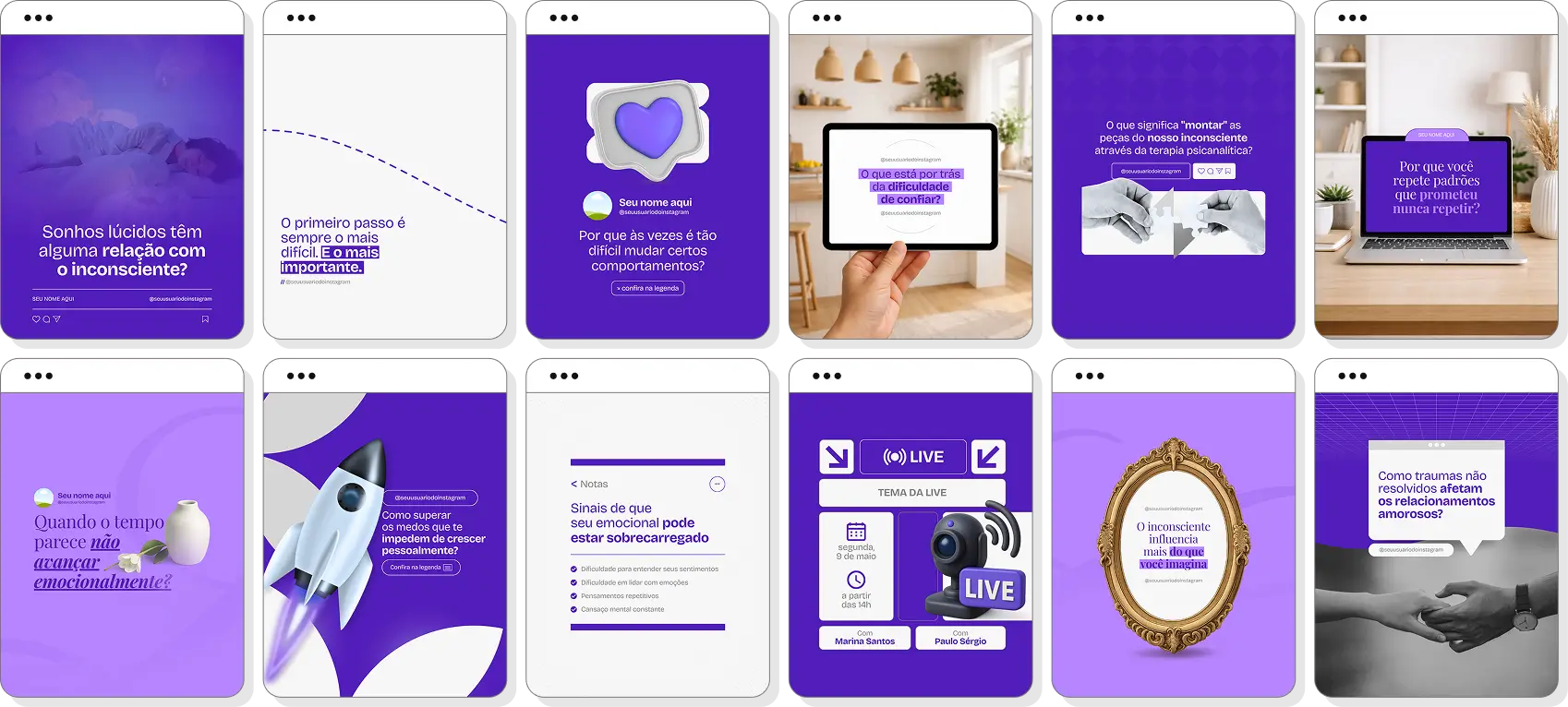 Pack Canva psicanálise com posts para Instagram de emoções, autopercepção e desenvolvimento pessoal