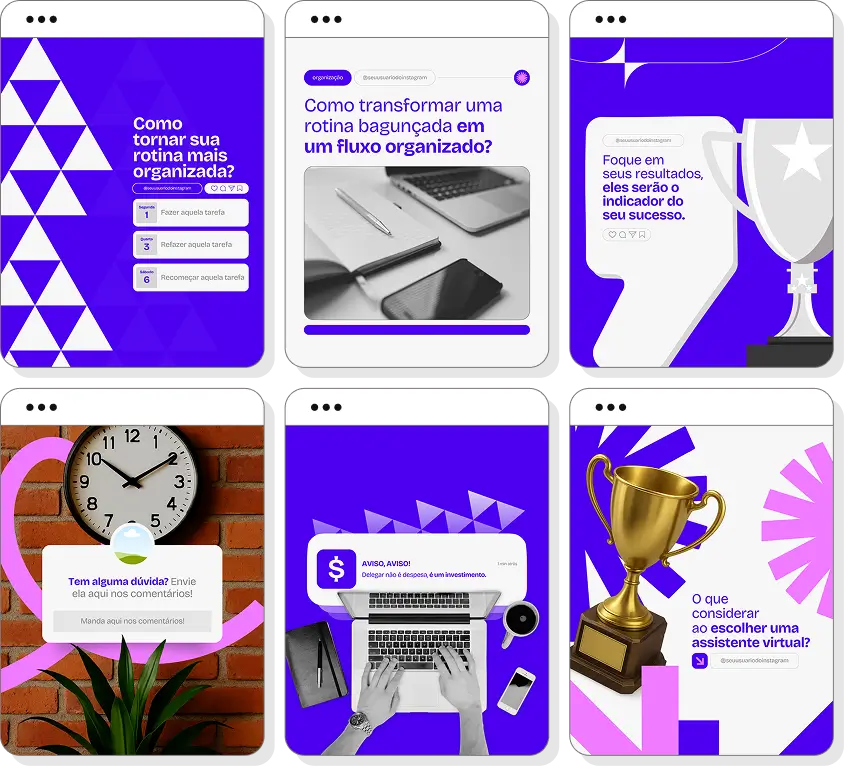 Pack Canva assistente virtual com posts editáveis para Instagram de organização e suporte administrativo