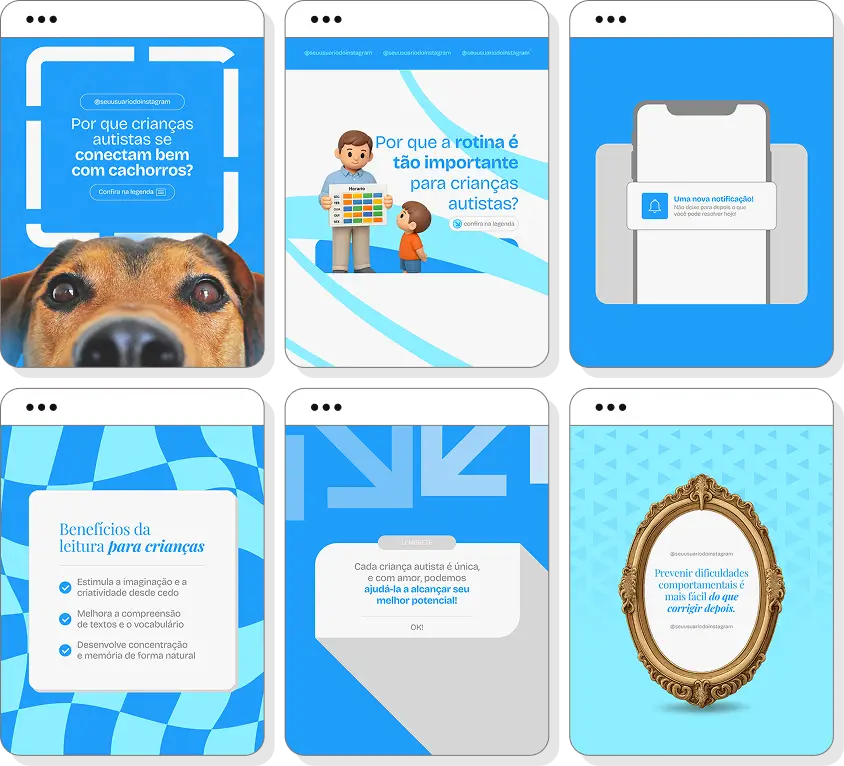 Pack Canva autismo com posts editáveis para Instagram de conscientização, desenvolvimento e acolhimento