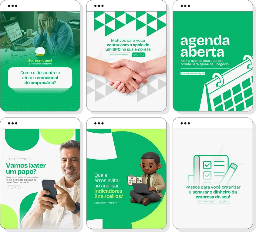 Pack social media BPO financeiro com conteúdos para Instagram de organização financeira e gestão empresarial