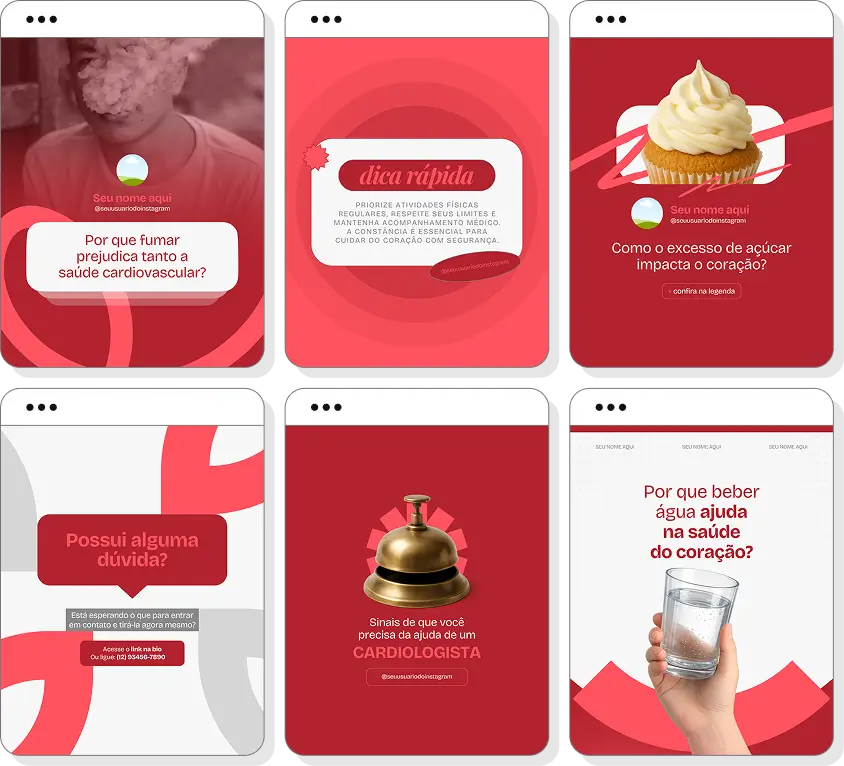 Posts para cardiologista com ideias de conteúdo para Instagram sobre coração, pressão arterial e saúde cardíaca