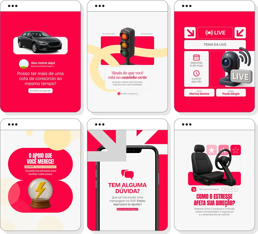 Pack social media consórcio de carros com conteúdos para Instagram de veículos e cartas de crédito