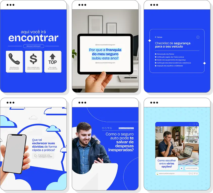 Pack Canva corretor de seguro auto com posts editáveis para Instagram de seguros de veículos e proteção automotiva