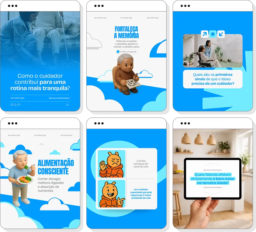 Pack Canva cuidador de idosos com posts editáveis para Instagram de atenção, acolhimento e qualidade de vida