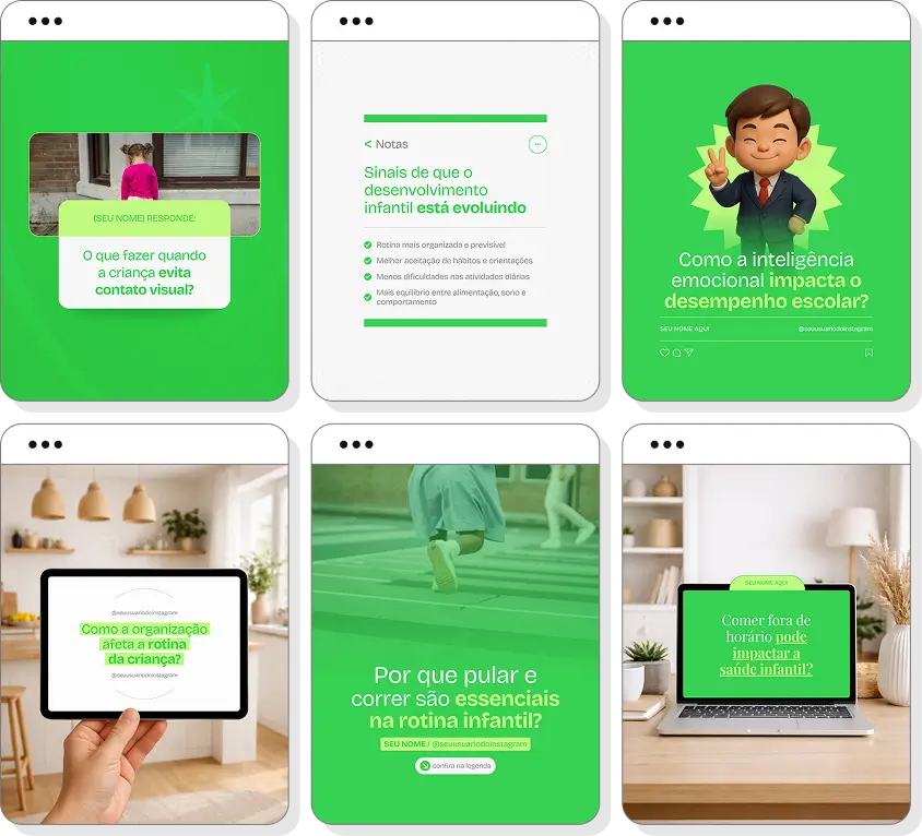 Posts para desenvolvimento infantil com ideias de conteúdo para Instagram sobre infância e desenvolvimento