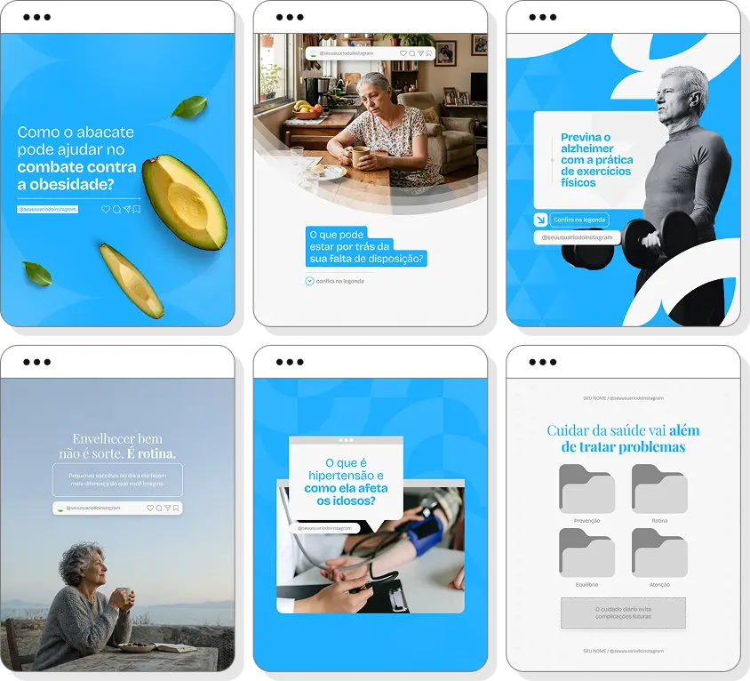 Pack Canva geriatria com ideias de posts para perfil de Instagram sobre saúde do idoso