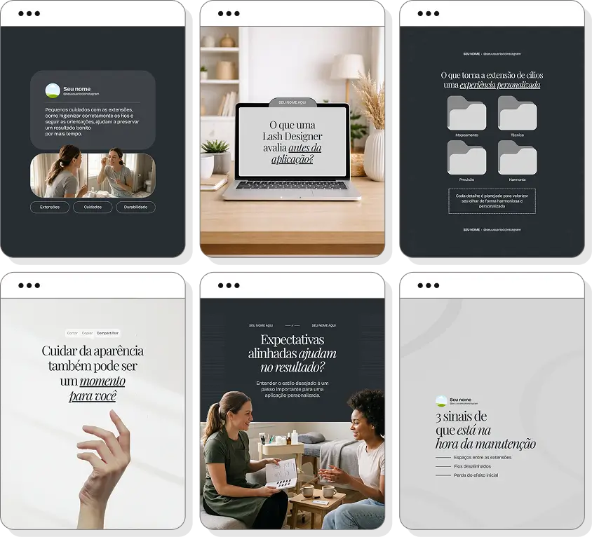 Social media para lash designer com pack de posts para Instagram de cílios e beleza feminina