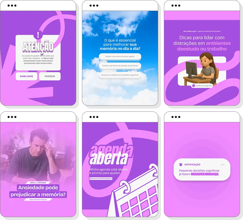 Pack Canva neuropsicologia com posts editáveis para Instagram de funções cognitivas e saúde cerebral