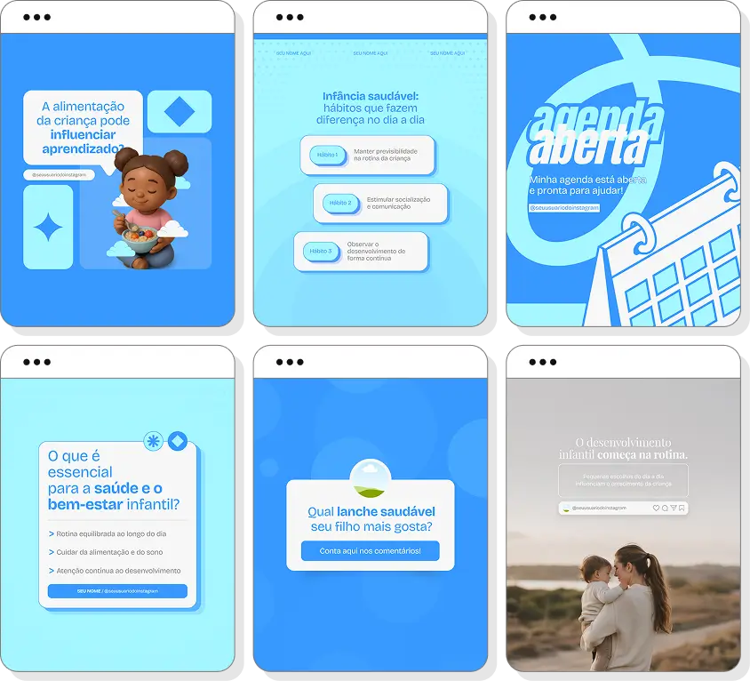 Pack Canva nutrição infantil com posts editáveis para Instagram de alimentação infantil e desenvolvimento saudável