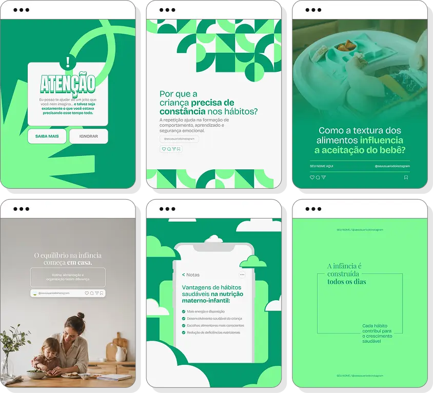 Pack de nutrição materno-infantil com conteúdos para Instagram de infância, gestação e alimentação saudável