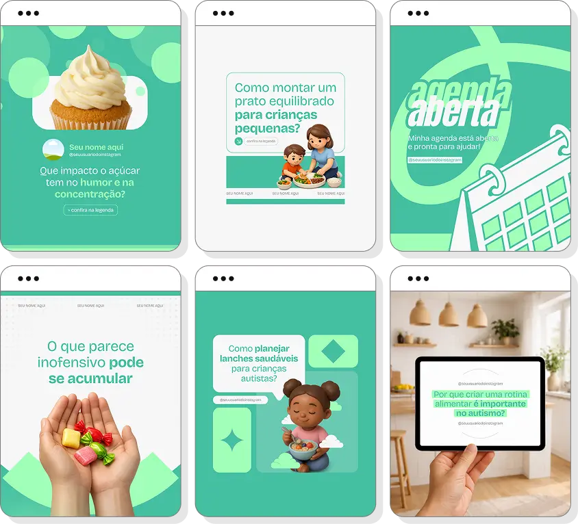 Posts para nutrição para autismo com ideias de conteúdo para Instagram sobre alimentação no autismo