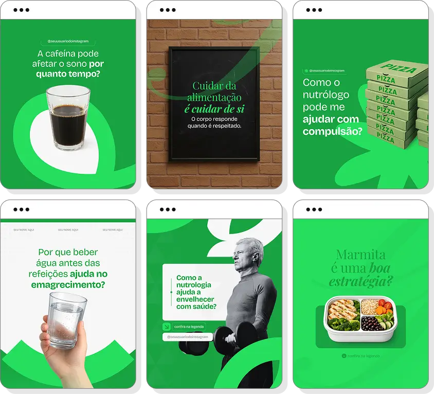 Pack Canva nutrologia com posts editáveis para Instagram de alimentação, saúde e bem-estar