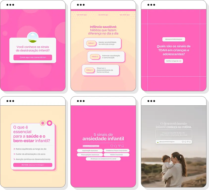Posts para pediatria com ideias de conteúdo para Instagram sobre saúde infantil e crescimento saudável