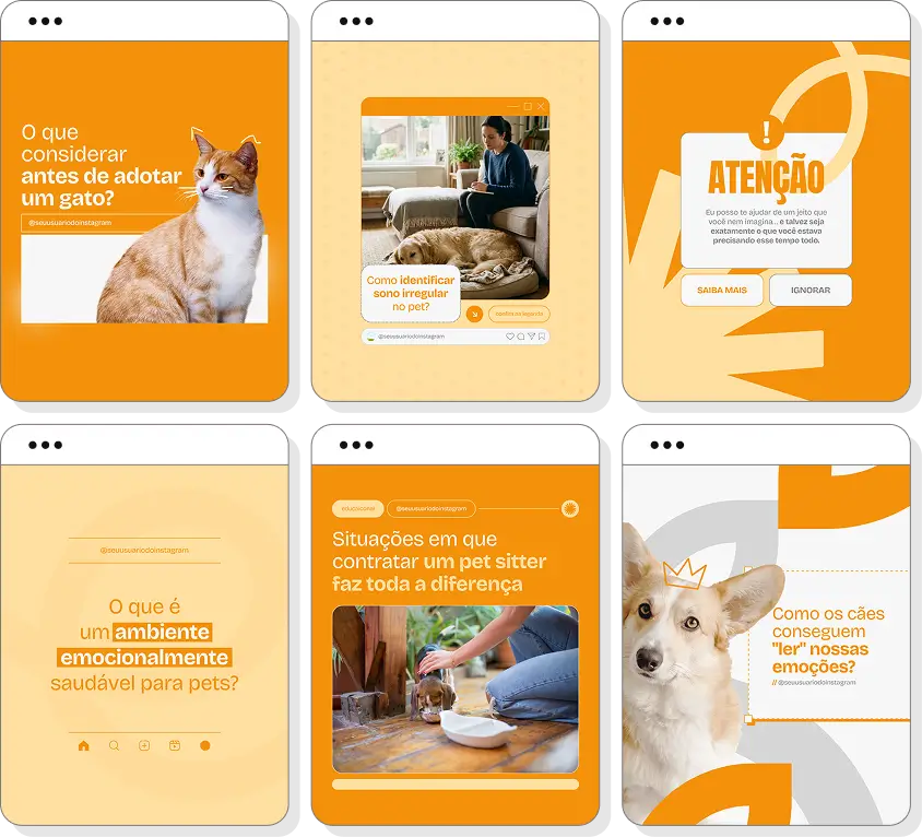 Posts para pet sitter com ideias de conteúdo para Instagram sobre cuidados com animais de estimação