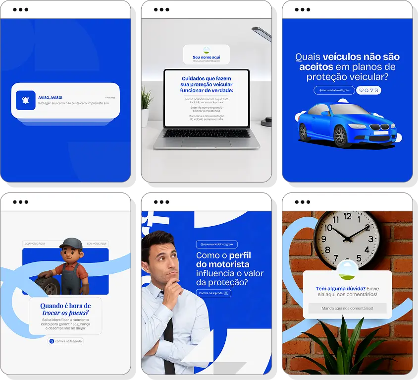 Posts para proteção veicular com ideias de conteúdo para Instagram sobre segurança automotiva e benefícios