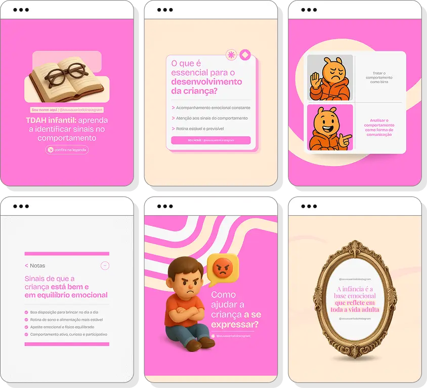 Posts para psicologia infantil com ideias de conteúdo para Instagram sobre emoções e desenvolvimento infantil