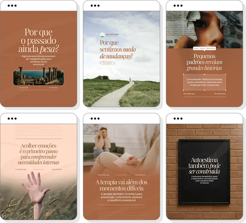 Ideias de post para psicoterapia com pack Canva de conteúdos para Instagram sobre bem-estar emocional