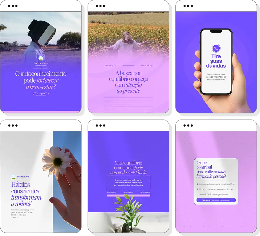 Posts para Reiki com ideias de conteúdo para Instagram sobre equilíbrio emocional e harmonia interior