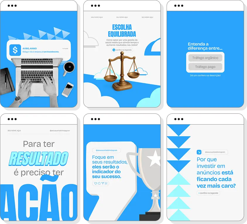 Posts para social media com ideias de conteúdo para Instagram sobre engajamento e marketing digital