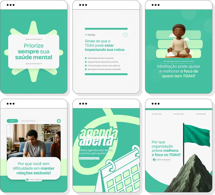 Posts para TDAH adulto com ideias de conteúdo para Instagram sobre atenção e desafios da vida adulta
