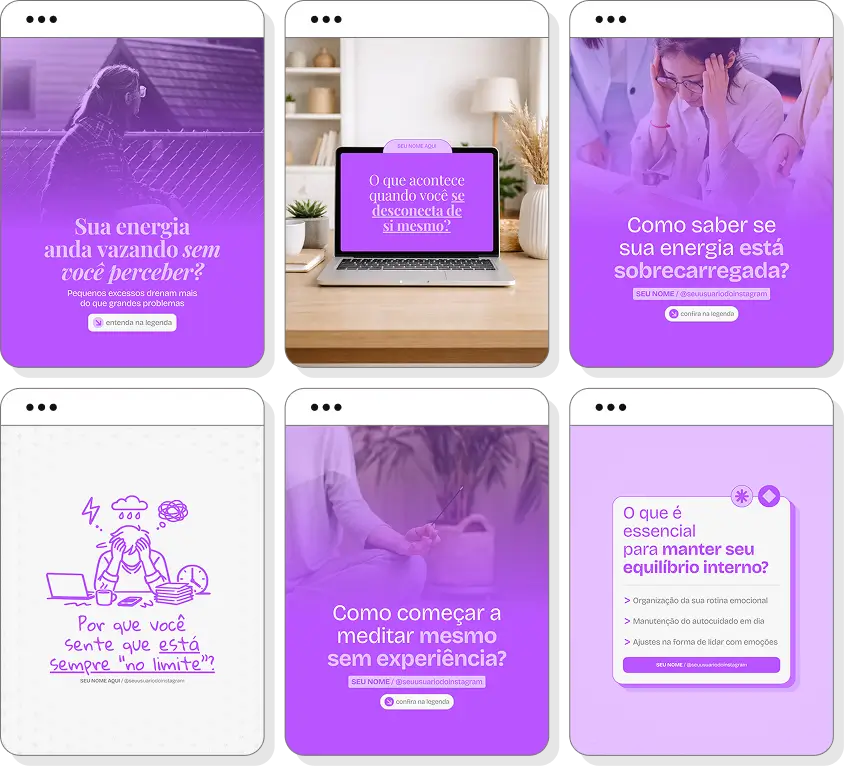 Posts para terapia holística com ideias de conteúdo para Instagram sobre bem-estar e equilíbrio emocional