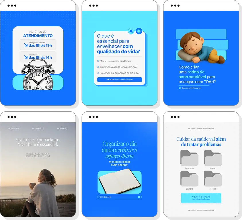 Pack Canva terapia ocupacional com posts editáveis para Instagram de desenvolvimento e funcionalidade