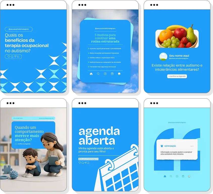 Posts para autismo com ideias de conteúdo para Instagram sobre desenvolvimento e inclusão social