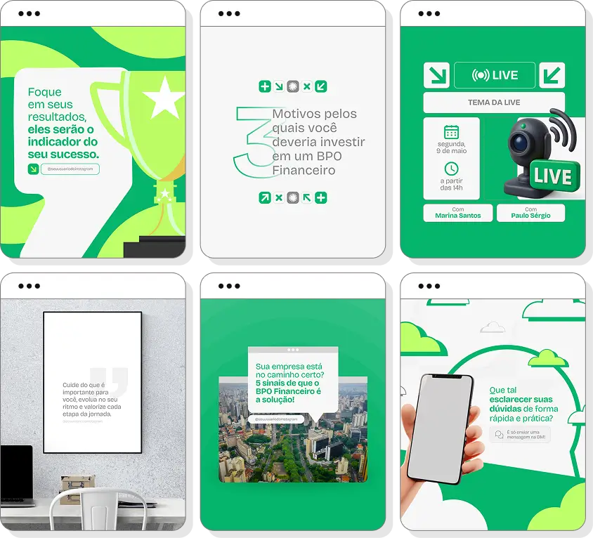 Pack de posts para Instagram BPO financeiro com artes editáveis sobre fluxo de caixa e finanças