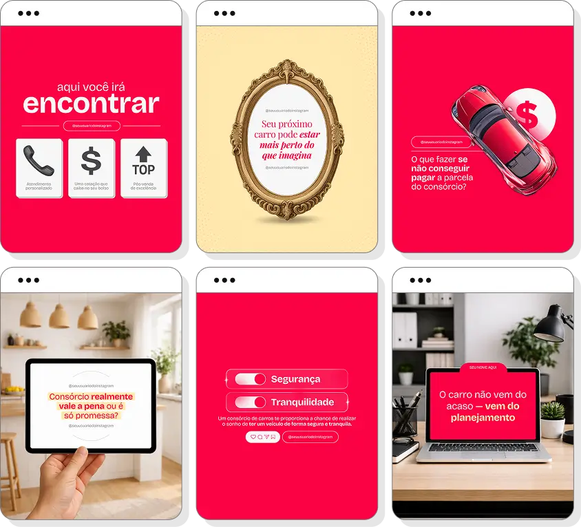 Pack de posts para Instagram consórcio de carros com artes editáveis sobre compra de automóveis