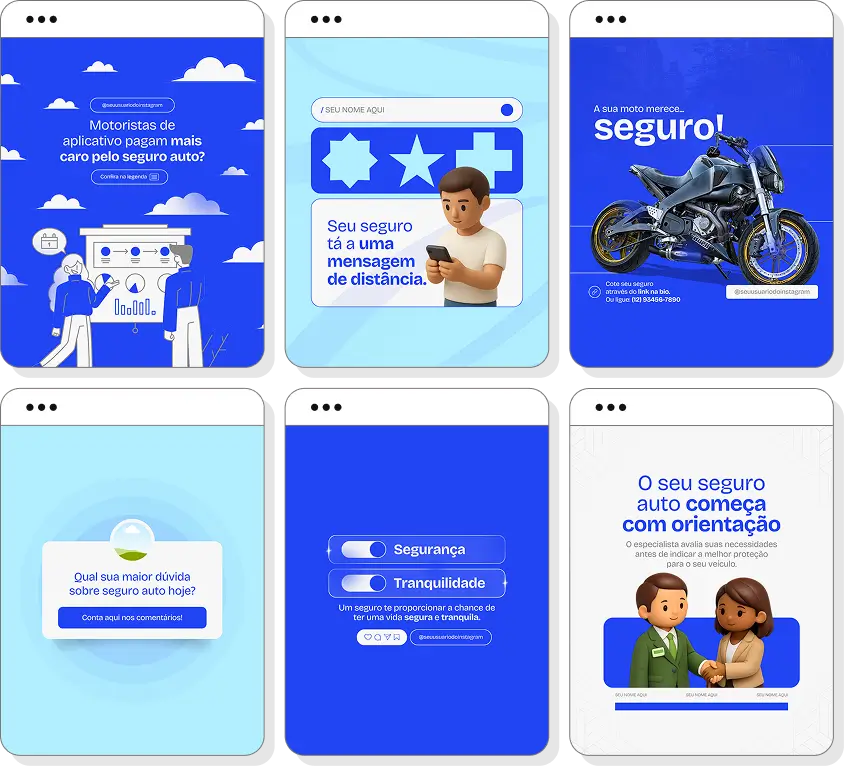 Posts para corretor de seguro auto com ideias de conteúdo para Instagram sobre seguros, cobertura e proteção veicular