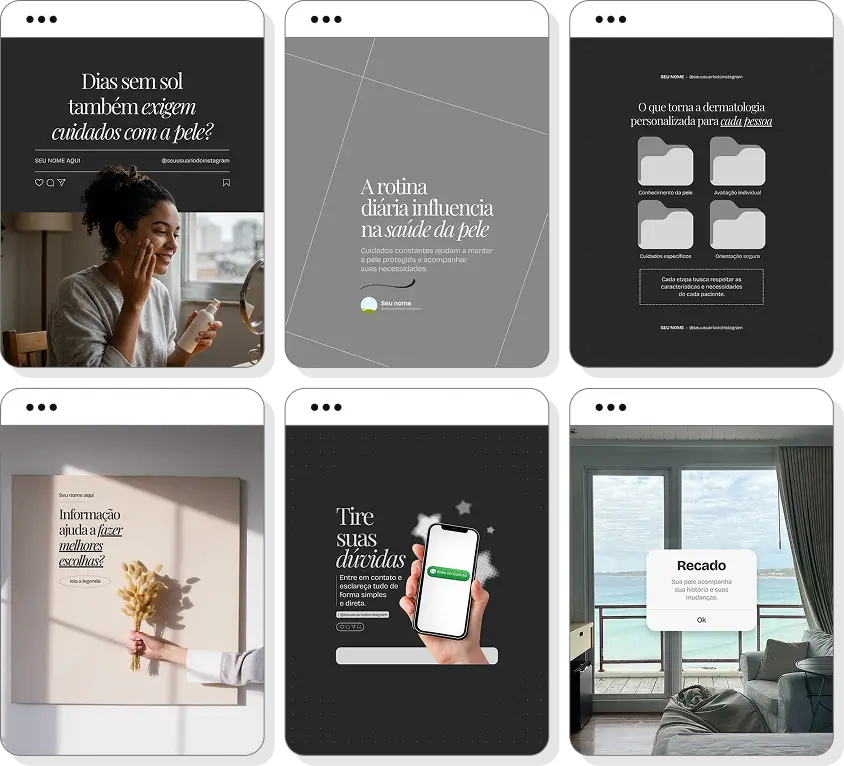 Pack de posts para dermatologista com templates no Canva para Instagram sobre pele, estética e saúde dermatológica