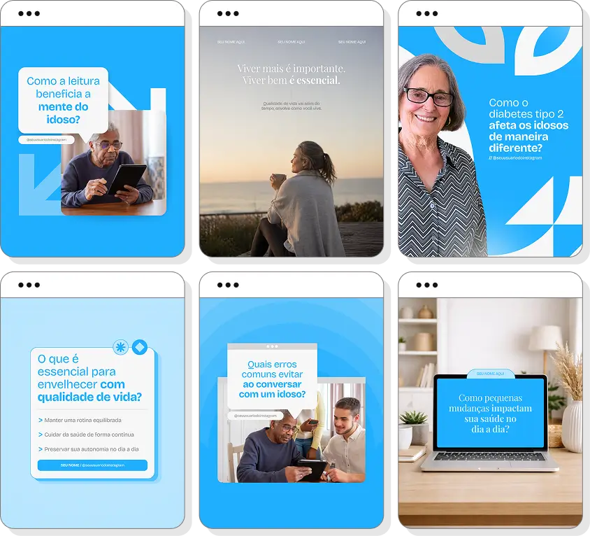 Posts para perfil de geriatria no Instagram com templates Canva sobre terceira idade e qualidade de vida