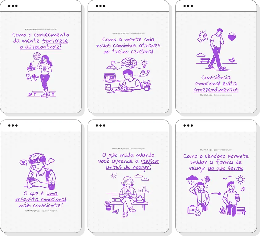 Posts para neuropsicologia com ideias de conteúdo para Instagram sobre memória, atenção e cognição