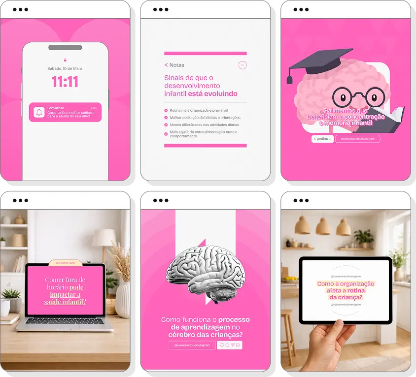 Pack Canva pediatria com posts editáveis para Instagram de cuidados infantis e acompanhamento pediátrico