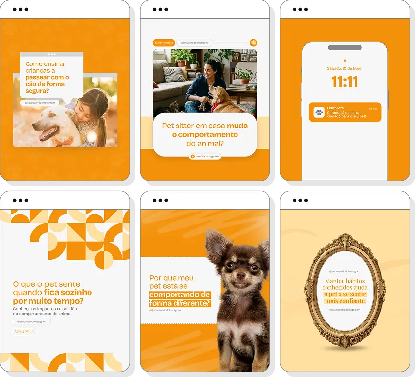 Pack Canva pet sitter com posts editáveis para Instagram de cuidados domiciliares para cães e gatos